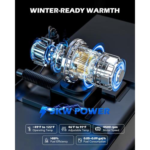 Orion Motor Tech 5kW Diesel Heater, 12V 24V All in One Diesel Air Heater 1.3 Gal Tank with CO Alarm Auto Shutoff Compatible with Car Truck RV Camper Boat （Not an Engine Part）