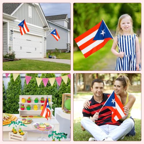 12 Pack Puerto Rico Stick Flags Small 12x18 Inch Puerto Rican Hand Held Flags with 24 Inch Wooden Pole Decorations