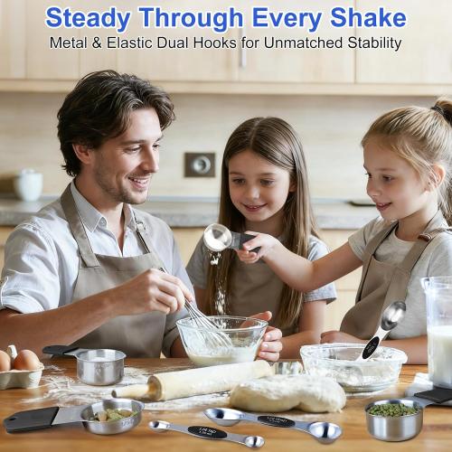 Magnetic Measuring Cups & Spoons Set, Strong N45 Magnets, Heavy Duty Stainless Steel Fits in Spice Jars for Baking & Cooking, BPA Free, Round Set of 15 with Leveler, Silver