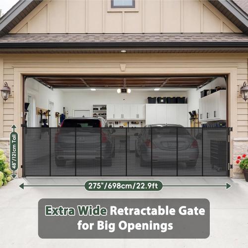 275 Extra Long Baby Gate Retractable Dog Gate, 23ft Retractable Baby Gates Extra Wide Driveway Gate, Reinforced 48 Extra Tall Pet Gate Outdoor Retractable Fence, Garage Gate Wide Dog Gate, Black