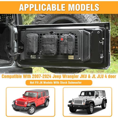 Tailgate Table Storage Rack Compatible with Jeep Wrangler 2007-2018 JK JKU & 2018-2025 JL JLU 4 Doors, Foldable Rear Cargo Shelf MOLLE Panel Camping Desk Organizer(Not fit with Low Speaker JK Models)