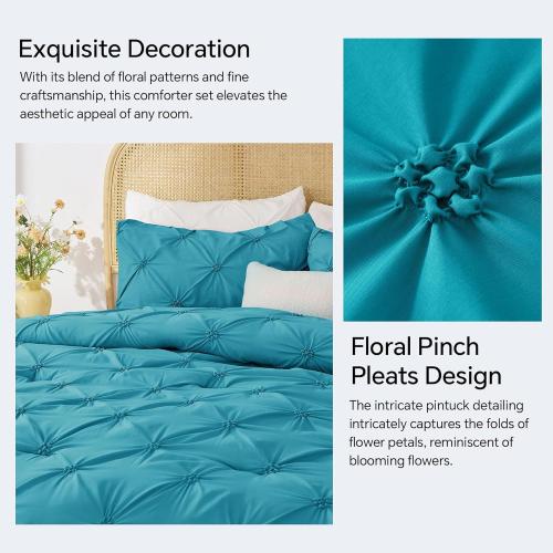 BEDELITE Teal King Size Comforter Set - 3 Pieces Boho Pintuck Bedding Comforter Sets, Lightweight Soft & Warm King Bedding Set with 2 Pillowcases for All Season