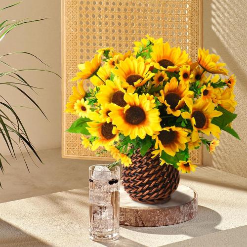 Homsunny Sunflowers Artificial Flowers Plants for Table Centerpieces Spring Decorations, 7 Pcs Fake Silk Floral Arrangements in Vase for Home Dinning Room Office Tabletop Decor(Handmade Red Rattan)