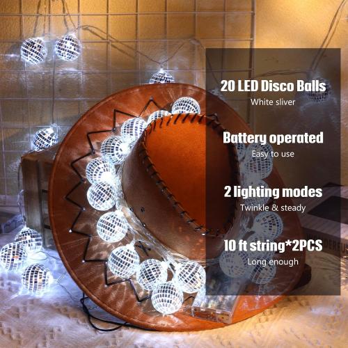 White Silver Cunno 40 LED Disco Ball String Lights 70s Decorations 9.8 ft Mirror Disco Light Battery Operated Ball Globe Ornaments for Christmas Wall Tree Indoor Outdoor Party Supply(White Silver)