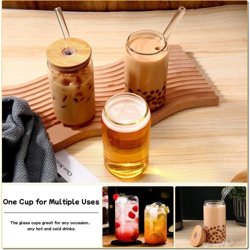 Glass Cups with Lids and Straws 6 pcs, 16 oz-DWTS Cute Tumbler,Beer Drinking Glasses,Clear for Iced Coffee, Tea with Bamboo Lids for Gifts