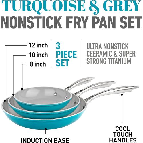 Gotham Steel 3 Piece Nonstick Ceramic Fry Pans Set, 8', 10' & 12', Nonstick Skillet Set, Omelet Pan, PFOA Free, Dishwasher Safe, Cool Touch Handle - silver