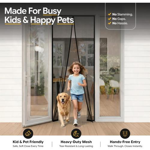 AUGO Magnetic Screen Door - Self Sealing, Heavy Duty, Hands Free Mesh Partition Keeps Bugs Out - Pet and Kid Friendly - Patent Pending Keep Open Feature - 38 Inch x 97 Inch