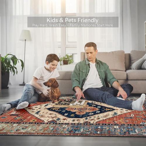 Size 6x9 Boho Floral Area Rug 6x9 - Rustic Oriental Southwestern Style with Aztec Inspired Patterns, Soft Machine Washable Non-Slip Rug, Vintage Rust Colored Rug for Living Room, Bedroom, Dining Room.