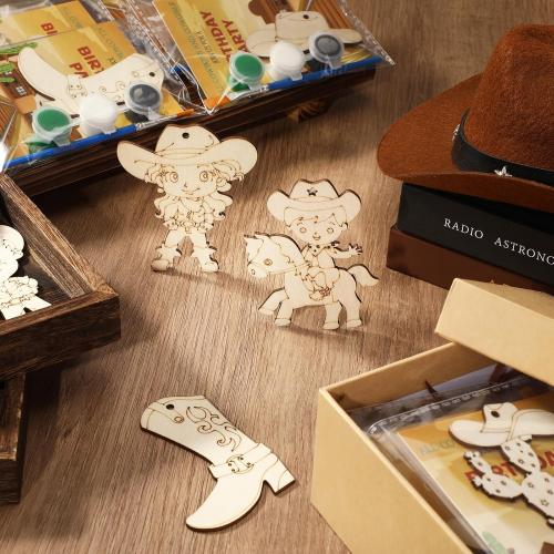 Saypacck 24 Pcs Party Favors Wooden Painting Craft Kits Birthday Party Supplies with Organza Bag for Goodie Bags Fillers Adult Thank You Gifts(Western Cowboy)