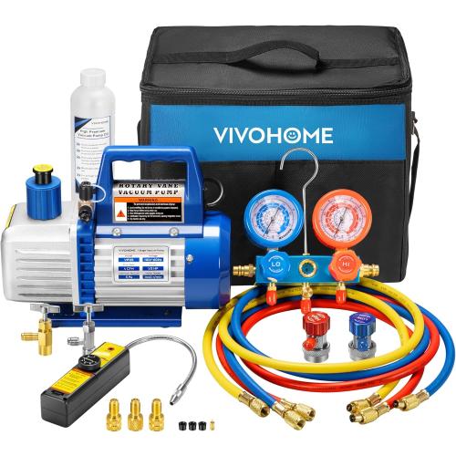 VIVOHOME 110V 1/3 HP 4CFM Single Stage Rotary Vane Air Vacuum Pump and R134a AC Manifold Gauge Set Kit with Leak Detector Carry Bag for HVAC Air Conditioning Refrigeration Recharging ETL Listed