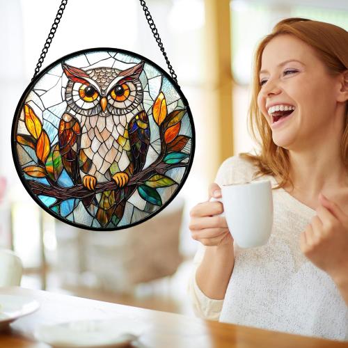 DASTOLL Stained Glass Window Hanging, Owl Colorful Leaves Birds Sun Catchers Diamond Glass Panel Hangings Suncatcher Decor for Birthday for Women, Men, Wife, Aunt, and Mom 14.9x14.9 in