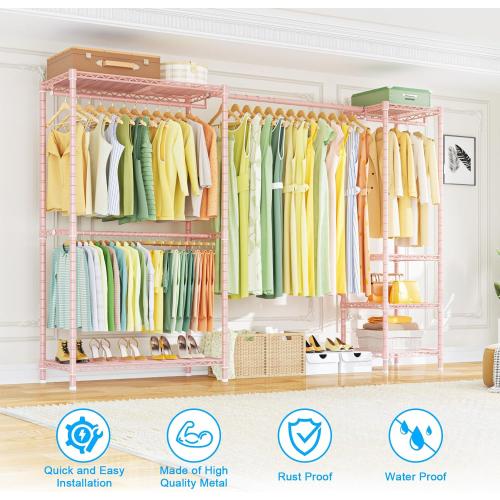 Ulif E10 Clothes Rack（With Stretchable Hanger Rod）Freestanding Clothing Racks for Hanging Clothes，Adjustable Closet Organizer System，Portable Garment Rack 73-97W x 15 D x 72 H，Max Load 800LBS，Pink