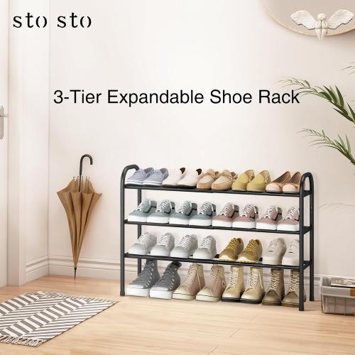 STO STO Expandable Shoe Rack, 3-Tier Metal Small Shoe Rack for Closet, Up to 16 Pairs Adjustable Shoe Rack Storage for Front Door Entrance, Free Standing Shoe Rack Organizer for Entryway, Black