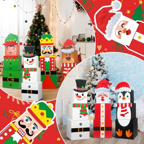 Moinchore 24 Pcs Christmas Gift Boxes Stackable Xmas Decorative Large Snowman, Reindeer, Santa, Nutcracker, Cardboard Nesting Decorations Stacking for Tree Decor