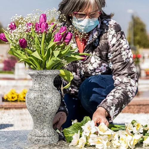 Cemetery Vase, Turned Granite Vase Polished, Memorial Stone Vases with Draining Holes for Home Tabletop, Cemetery Flowers, Grave Headstone Decorations (1pc, Grey)