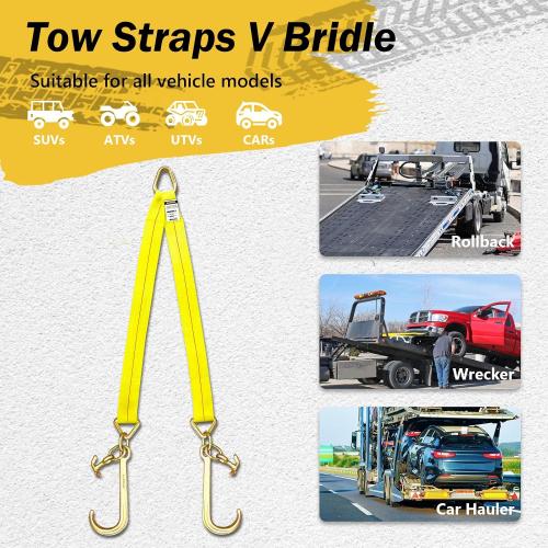 Tow Straps V Bridle, 3 x 36 Recovery V-Strap with 15 J Hooks and T-J Hooks, 5400LBS Recovery Bridle, Towing Strap with Hook for Wrecker, Rollback, Car Hauler