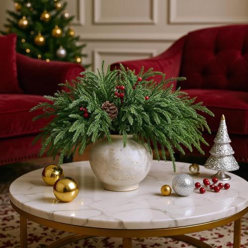 24 Pcs 18 Inch Real Touch Norfolk Pine Branches Christmas Greenery Stems with Pinecones & Red Berries for Christmas Decorations