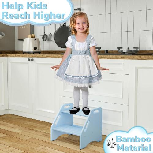AMBIRD Wooden Step Stool, Two Step Stools 300 lbs Capacity with Safety Non-Slip Pads and Handles, Bamboo Step Stool for Bathroom, Kitchen Dual Height Step Stools for Kids (Sky Blue)