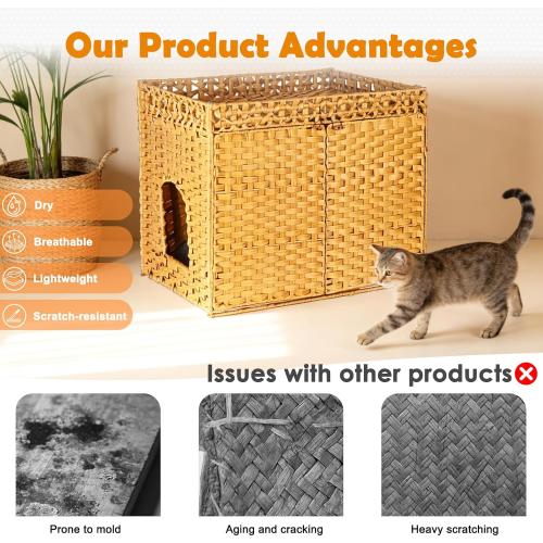 SZEE Cat Litter Box Enclosure Furniture, Hidden Litter Box with Mat, Handwoven Rattan Cat Houses for Indoor/Outdoor Cats, Large Litter Box Enclosure with 12” Edge for Living Room/Bedroom/Washroom