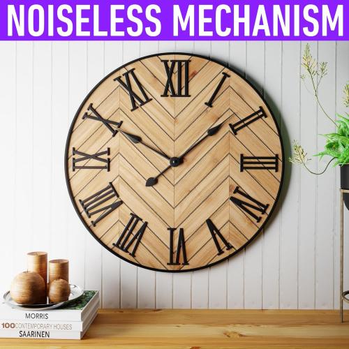 Large Wall Clock 24 Round - Silent Metal & Wood Large Farmhouse Wall Clock For Living Room Decor with 3D Roman Numerals - No Ticking - Noiseless Big Wood Decorative Clocks for Living Room Decor