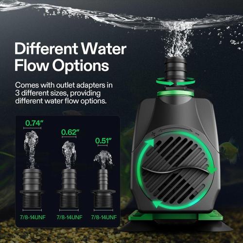 VIVOSUN 800GPH Submersible Pump(3000L/H, 24W), Ultra Quiet Water Fountain Pump with 10ft. High Lift with 6.5ft. Power Cord, 3 Nozzles for Fish Tank, Pond, Aquarium, Statuary, Hydroponics Green