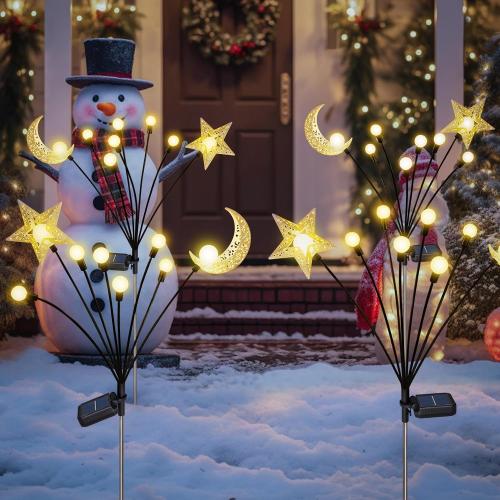 Solar Firefly Lights Outdoor Moon Star Sun Projection Stake Lights - Waterproof Solar Powered Garden Lights for Pathway, Yard, Patio Decor Warm White