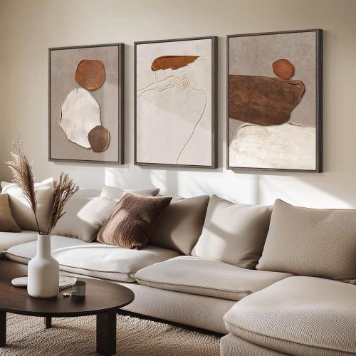 Large Framed Neutral Abstract Wall Art for Living Room, Set of 3 Rustic Beige Brown Canvas Prints Paintings Artwork for Walls, Minimalist Stone Pictures for Hallway Stair Office Wall Decor 24x36 Inch