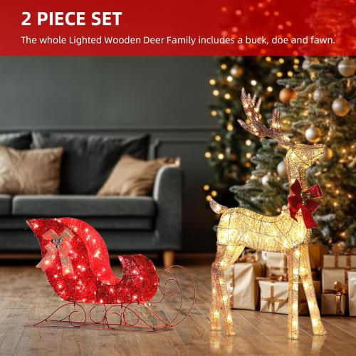 Light up Christmas Decor Deer Set, Lighted Christmas Deer Decorations & Sleigh 2 Pcs for Indoor Home Outdoor Front Yard Porch with 160 LED Lights, Ground Stakes,Cable, Gold &red Sleigh
