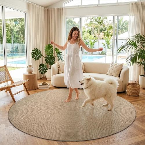 LUMI Jute Area Rug 5ft Round for Living Room, Natural Braided Woven Rugs Non Slip, Neutral Farmhouse Carpets No Shedding, Durable for High Traffic, Dining Room, Indoor, Outdoor, Patio