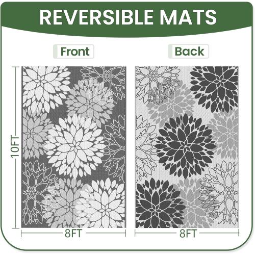 LuxStep Outdoor Rug Waterproof Outdoor Plastic Straw Rug Reversible Patio Rug Mat Outdoor Decor Large Area Mats for RV, Picnic, Backyard, Balcony, Porch, Beach, 8' x 10' Grey