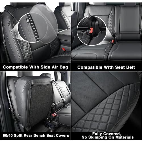 F150 Seat Covers, Custom Fit for Ford 2021-2026 F 150 XL XLT STX Super Crew Cab, 2023-2026 F250 F350 F450 XL XLT Crew Cab, Truck Seat Cover Full Set, Pickup Accessories, Leather, Black