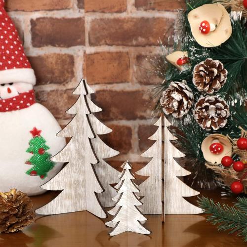 18 Pieces Wooden Christmas Tree Crafts 3D Natural Cutouts Rustic Wood Christmas Tree Decorations Decorative Wood Home Table Decors for Holidays Parties Anniversaries Decorations