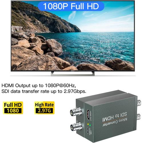 SDI to HDMI Converter with SDI Loop Out, 1080p HD-SDI / 3G-SDI/SD-SDI to HDMI Video Audio Converter, BNC to HDMI Adapter for SDI Camera Monitor Projector