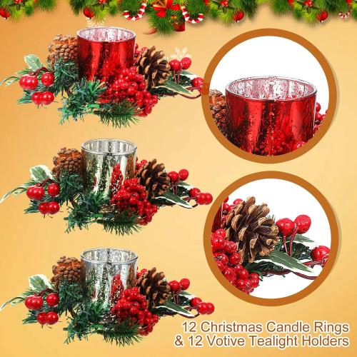 Ceenna Christmas Candle Rings Wreaths Pine Cones Garland Red Berry Poinsettia Pine Garland Candle Ring Holder for Christmas Wedding Home Table Centerpiece Party