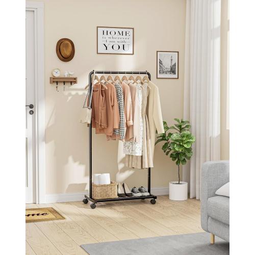 Clothes Rack - Clothing Rack with Storage Mesh Shelf & Casters, Heavy-Duty Metal Clothing Rack for Hanging Clothes, Dresses, Coats, Large Load Capacity, Easy Assembly, Black, 28.0x16.9x59.0