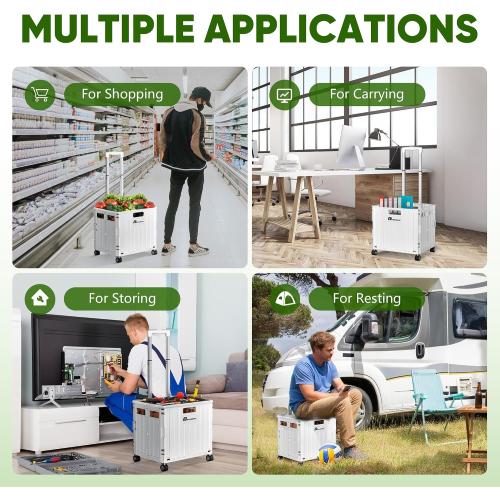 Folding Utility Cart, Portable Rolling Crate Handcart Collapsible Shopping Trolley with Lid, Foldable Tool Box Basket with 4 Rotate Wheels for Grocery, Office, Luggage, School - White
