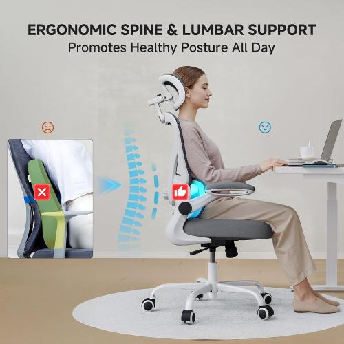 Ergonomic Office Chair, 330LBS Desk Chair with 3-Level Lumbar Support & Headrest, Breathable Mesh Backrest, Flip-Up Armrests for Home Office and Gaming, White