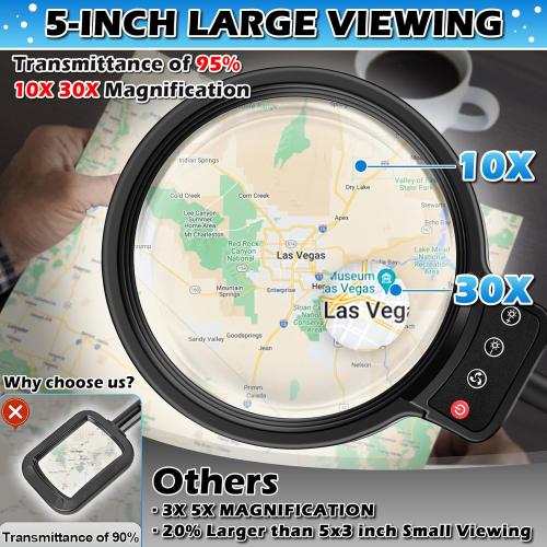 30X 10X Large Floor Magnifying Glass with Light and Stand,72 LED Flexible Gooseneck Floor Magnifying Lamp,2 in 1 Lighted Magnifiers for Close Work, Sewing,Crafts,Hobbies（Black）