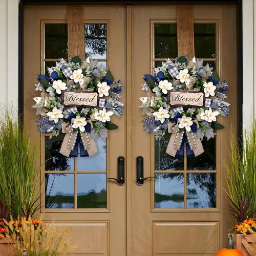 Waipfaru 22 Inch Spring Summer Wreath, Magnolia Wreaths for Front Door with Eucalyptus & Blue Grey Burlap Bow, Year Round Wreaths for Porch Farmhouse Patio Door Decor All Season (1 Pcs)