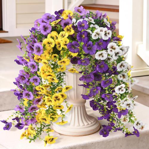 Fake Artificial Flowers for Outdoors, 4 Pcs Faux Hanging Pansy Flowers Spring Summer Decor, UV Resistant Fake Plants Silk Flower for Planter Front Door Porch Patio Yard Garden(Purple Yellow White)