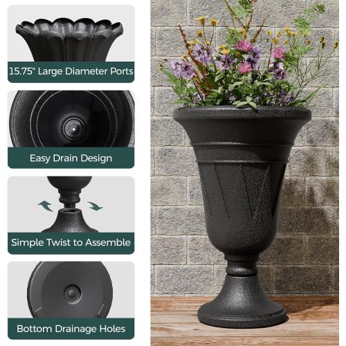 Tall Plastic Urn Planters and Pedestal - 24 Outdoor Planter Black | Weather-Resistant Plastics HDPE with Drainage Holes, Modern Trophy Design Vase, Large Flower Pot Porch Door, Set of 2