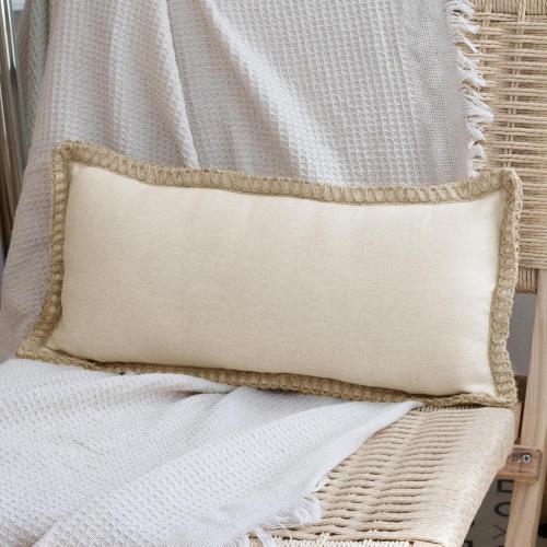 Burlap Linen Lumbar Pillow Cover 14 x 24 inch, Trimmed Tailored Edges Cushion Cover Farmhouse Modern Decorative Pillow Case Outdoor Decor, Oatmeal Beige, Pack of 1 (Cover Only)