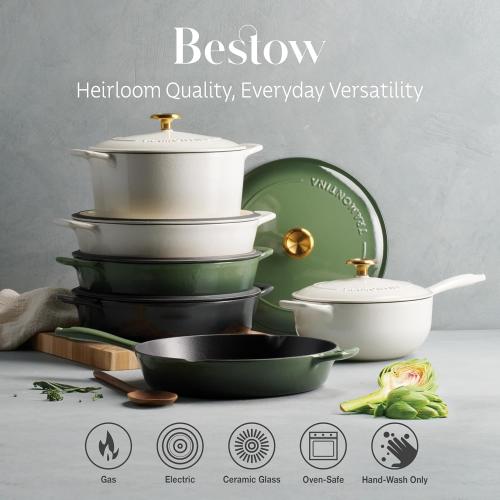 (White) Tramontina Bestow Enameled Cast Iron Skillet with Lid, 12-inch Frying Pan, Cactus with Gold Knob