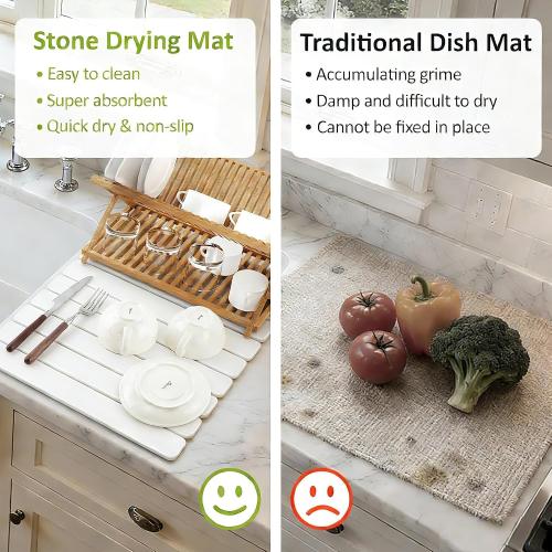 Large Stone Dish Drying Mat for Kitchen Counter, 24(L)×16(W), Collapsible Quick Dry Diatomaceous Earth Mat, Super Absorbent Drying Pad for Dishes Bottles Cups Utensils, Heat Resistant (White)