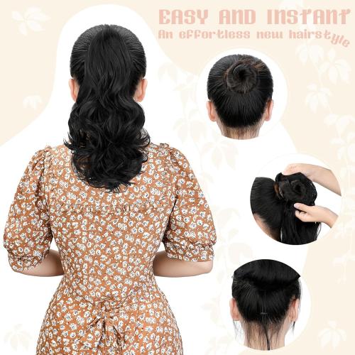FELENDY Ponytail Extension, 15 Drawstring Ponytail Hair Extensions Wavy Curly Clip in Pony Tails Cute Hairpiece for Daily Use Synthetic Dark Brown