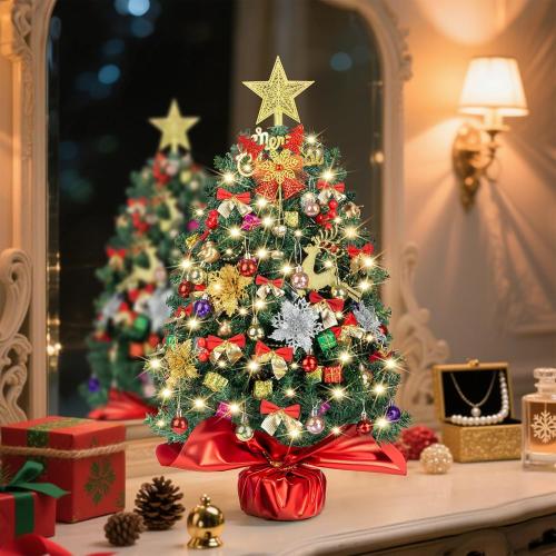Small Christmas Tree with Lights, 24 inch/2FT Tabletop Desk Christmas Tree with 100 Branches 70 Ornaments Artificial Small XMS Tree for Table Desk Home Christmas Holiday Decor