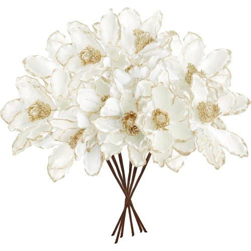 Sggvecsy 10Pcs Christmas Glitter Flowers Christmas Tree Ornaments Artificial Poinsettia Flower Velvet Magnolia Stems Floral Picks for Xmas Wedding DIY Crafts Wreath Party Floral Decorations (White)