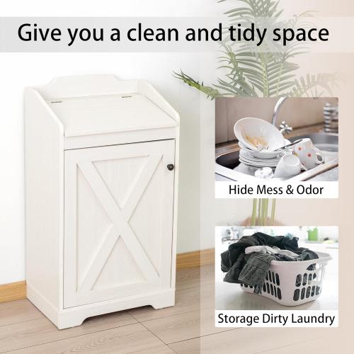 13 Gallons Trash Can Cabinet, Wooden Trash Bin Cabinet Hidden Freestanding Dog Proof Garbage Can Cabinet with Lid for Kitchen (Antique White)