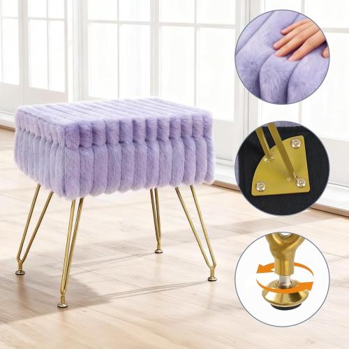 Vanity Stool Chair with Storage, Faux Fur Soft Padded Ottoman with Coffee Table, Modern Vanity Chair Fluffy Footstool with Metal Legs for Makeup, Living Room,Bedroom Purple