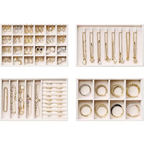 Velvet Jewelry Drawer Organizer Trays – 4-Layer Stackable Jewelry Storage Inserts Set, Beige Jewelry Tray Set for Earrings, Rings, Necklaces, Bracelets with Removable Dividers for Dresser & Vanity